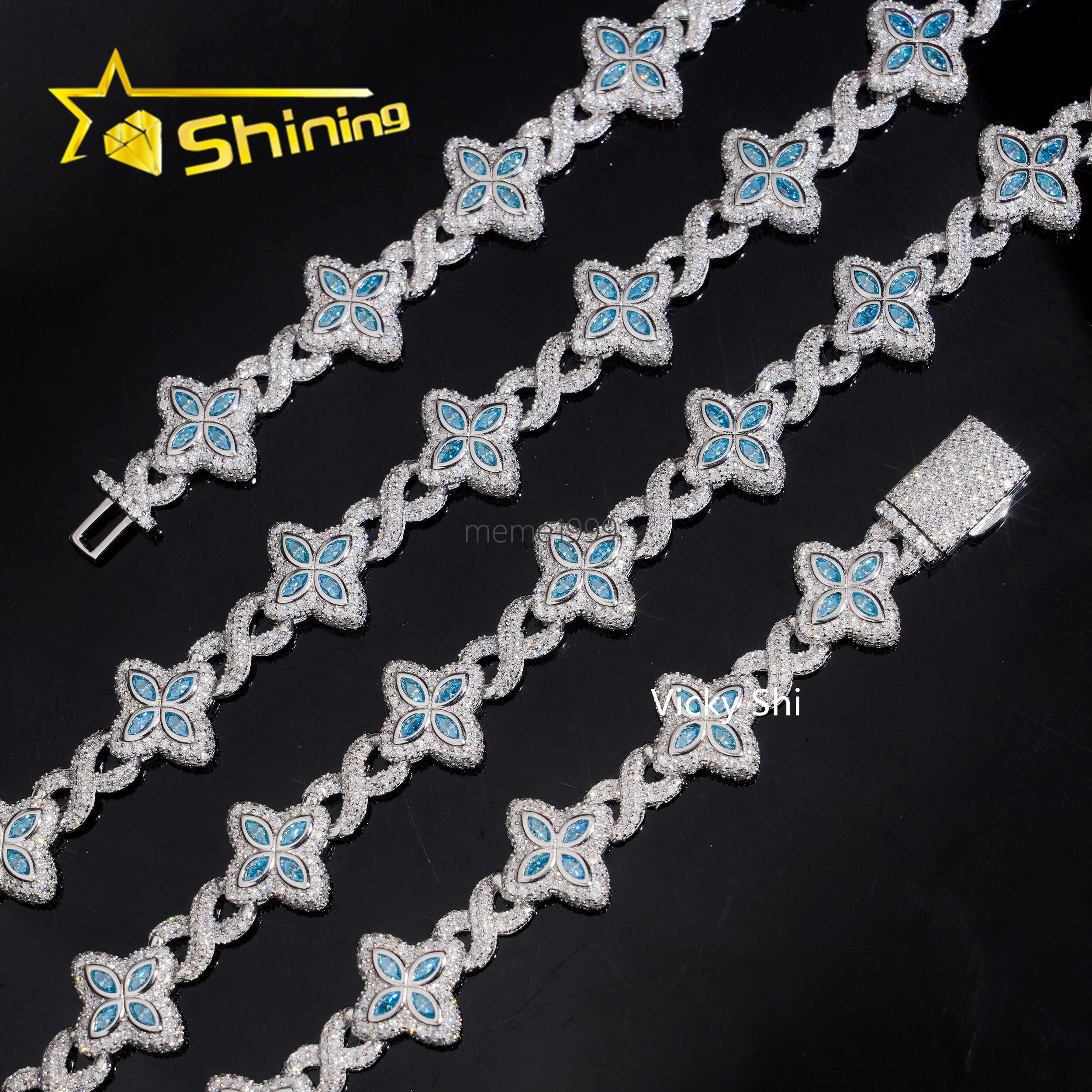 Popular Blue Color Clover Cuban Chain Moissanite Fine Jewelry Custom Iced Out 925 Silver Men Cuban Link Moissanite Necklace