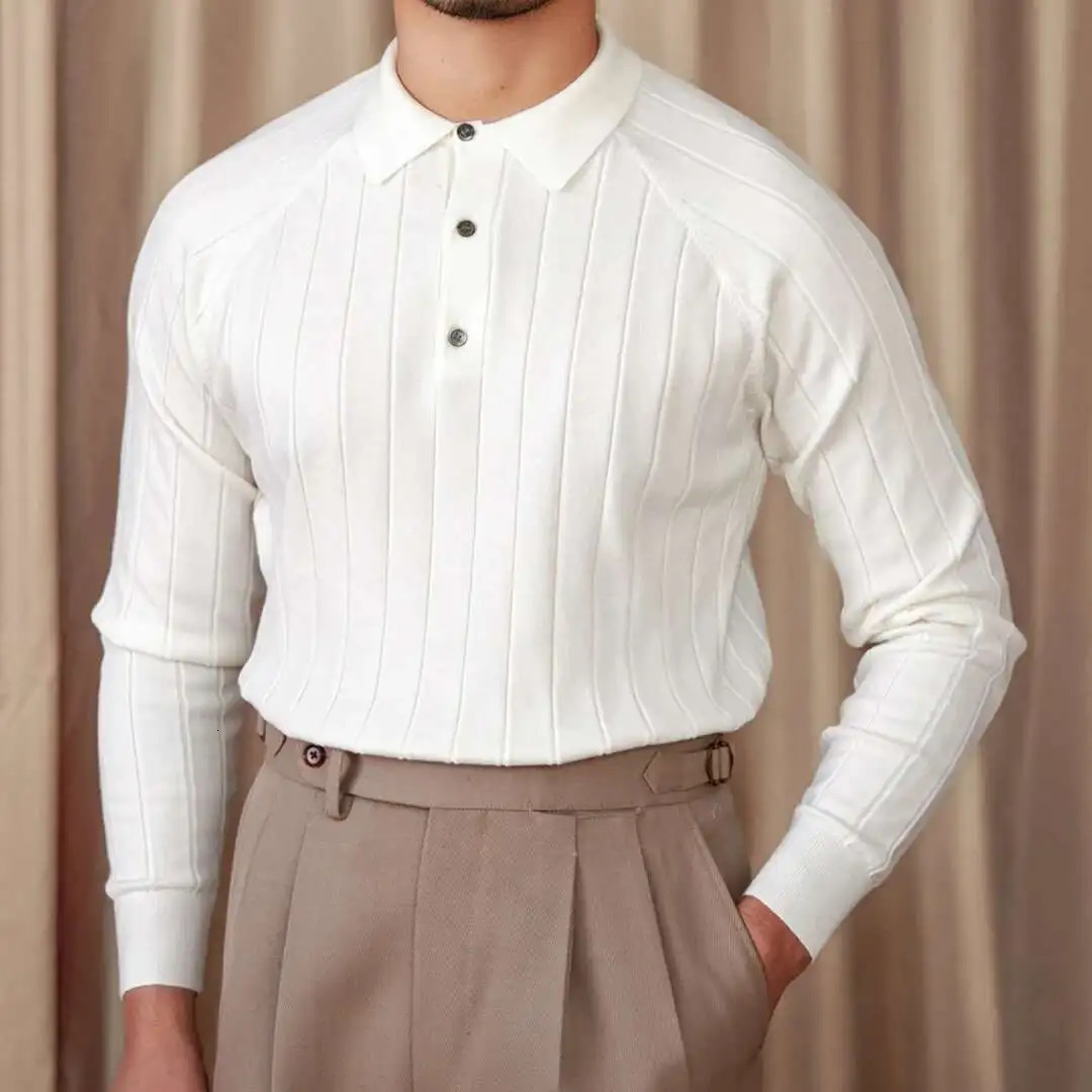 High Quality Italy Woolblend Full Sleeve Knitted Polo British Solid Color Polo Shirt Camisa Hombre Silky Polo Shirt Men 250818