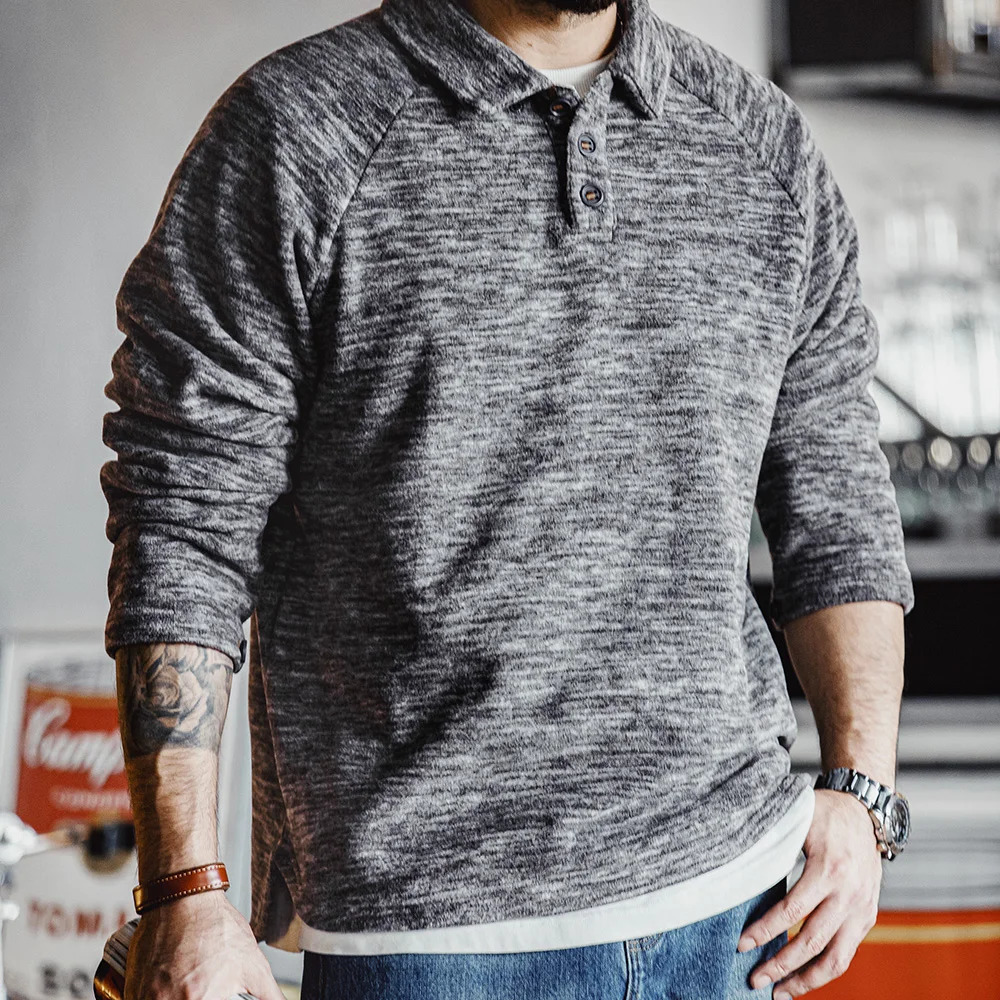 Maden Casual Half-button Placket Polar Fleece Polo Shirt Loose Fit Pullover Sweatshirt with Raglan Sleeves Warm Tops for Men 250818