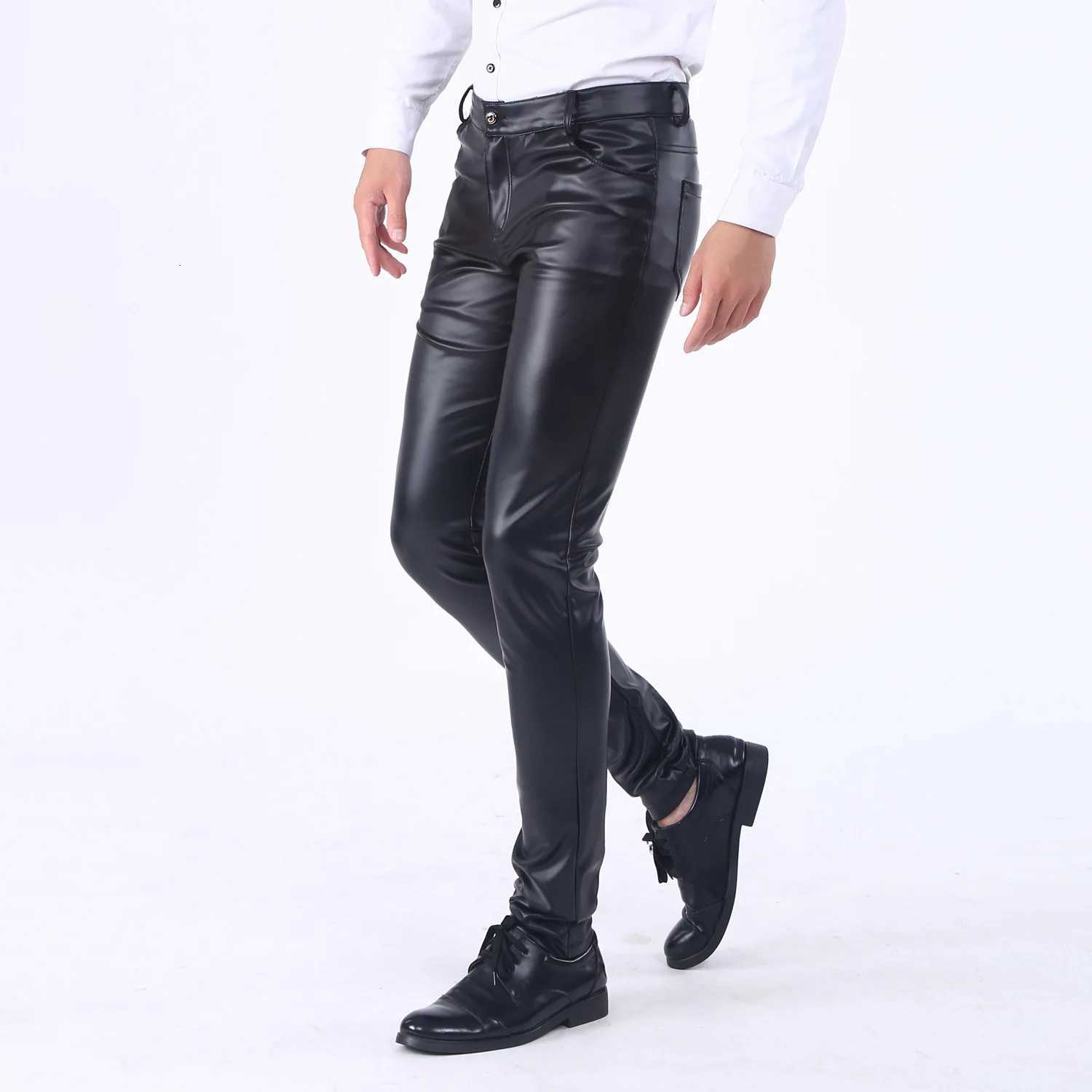 Leather Pants Men Ankle Length Pant Pencil Pants Zipper Fly Flat Skinny Slim Solid Mid Waist Pockets Spliced Moto Biker W250819