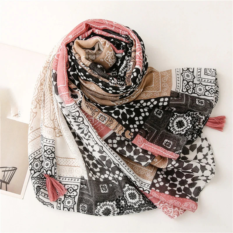 Printed Floral Cotton Tassel Scarf Viscose Shawls For Woman Summer Beach Long Muffler Fashion Muslim Headband 185*90cm 250818