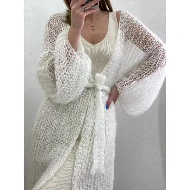 Knitted Open Stitch Cardigan Sweater for Women Autumn Winter Solid Fashion Front Pocket Long Coat Loose 250819