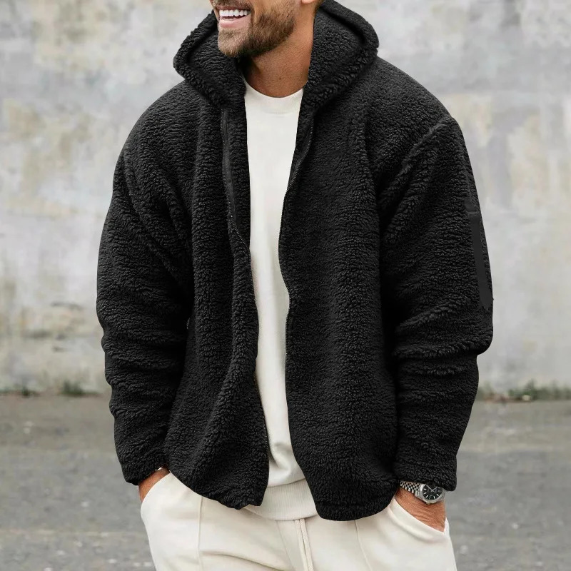 2024 Mens Autumn and Winter Double-Sided Fleece Warm Jacket Loose Hooded Casual Jacket 250814