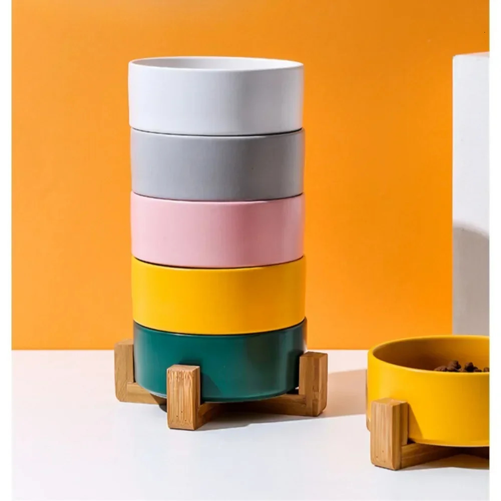 Dog Bowl Cat Bowl Ceramic Bowl Water Bowl Wooden Frame Protection Cervical Spine Tall Dog Drinking Bowl Pet Bowl Pet Supplies 250813