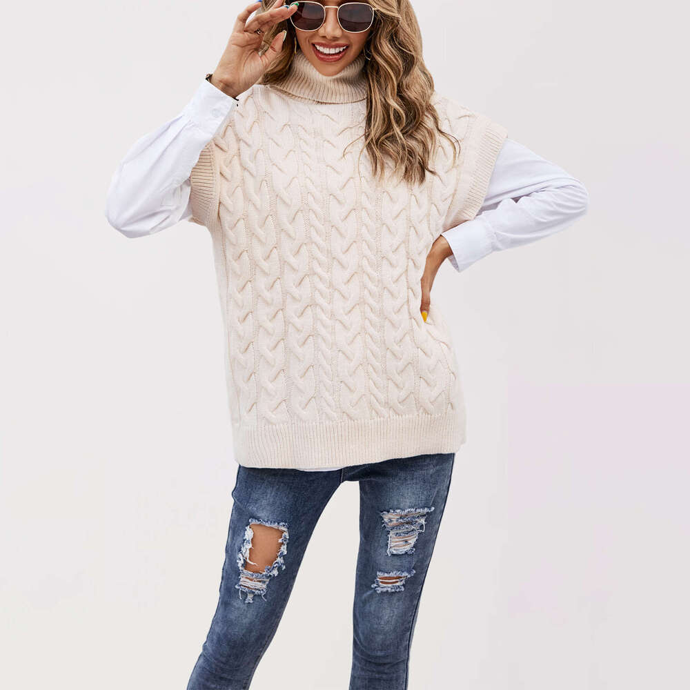 Autumn Winter New Temu Sleeveless Button Rope Vest Knitted Loose Pullover High Neck Sweater For Women B5
