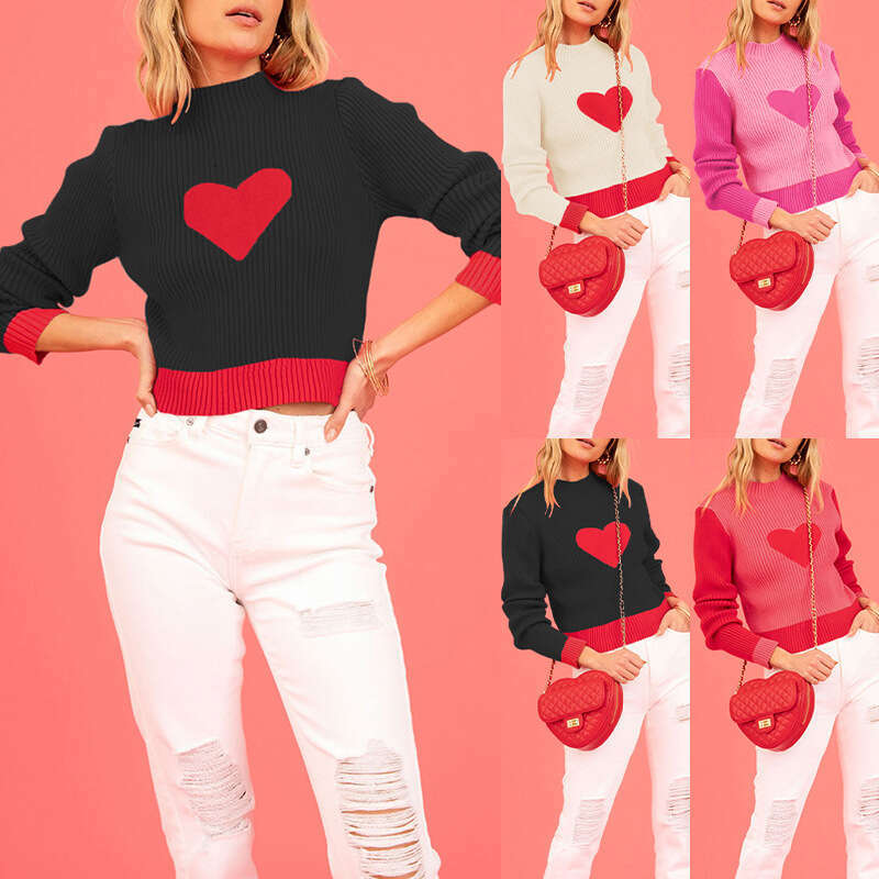 Autumn Winter Valentine's Day High Neck Color Block Heart Peach Slim Fit Women's Knitted Sweater B5