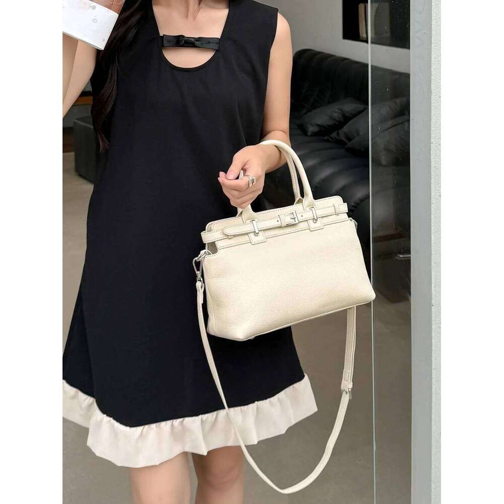 New Fashion Designer Beige Blue Color Handheld Tote Real Cowhide Leather Women Handbag Office Workers Shoulder Bag