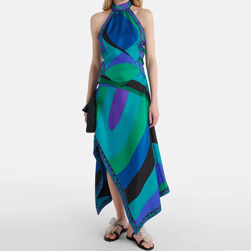 Casual Print Vacation Womens Outfits Elegant Satin Beach Sets Vintage Lace Up Backless Halter Tops Irregular Half Skirt 2 Piece 250818