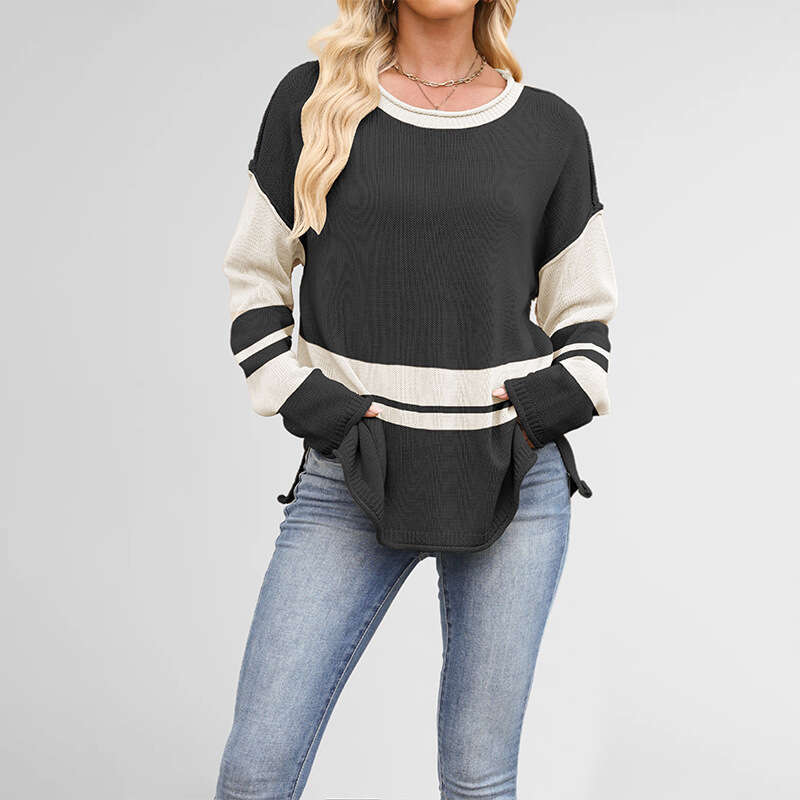 New Knitted Autumn Winter Women's Color Block Round Neck Loose Casual Pullover Sweater B3
