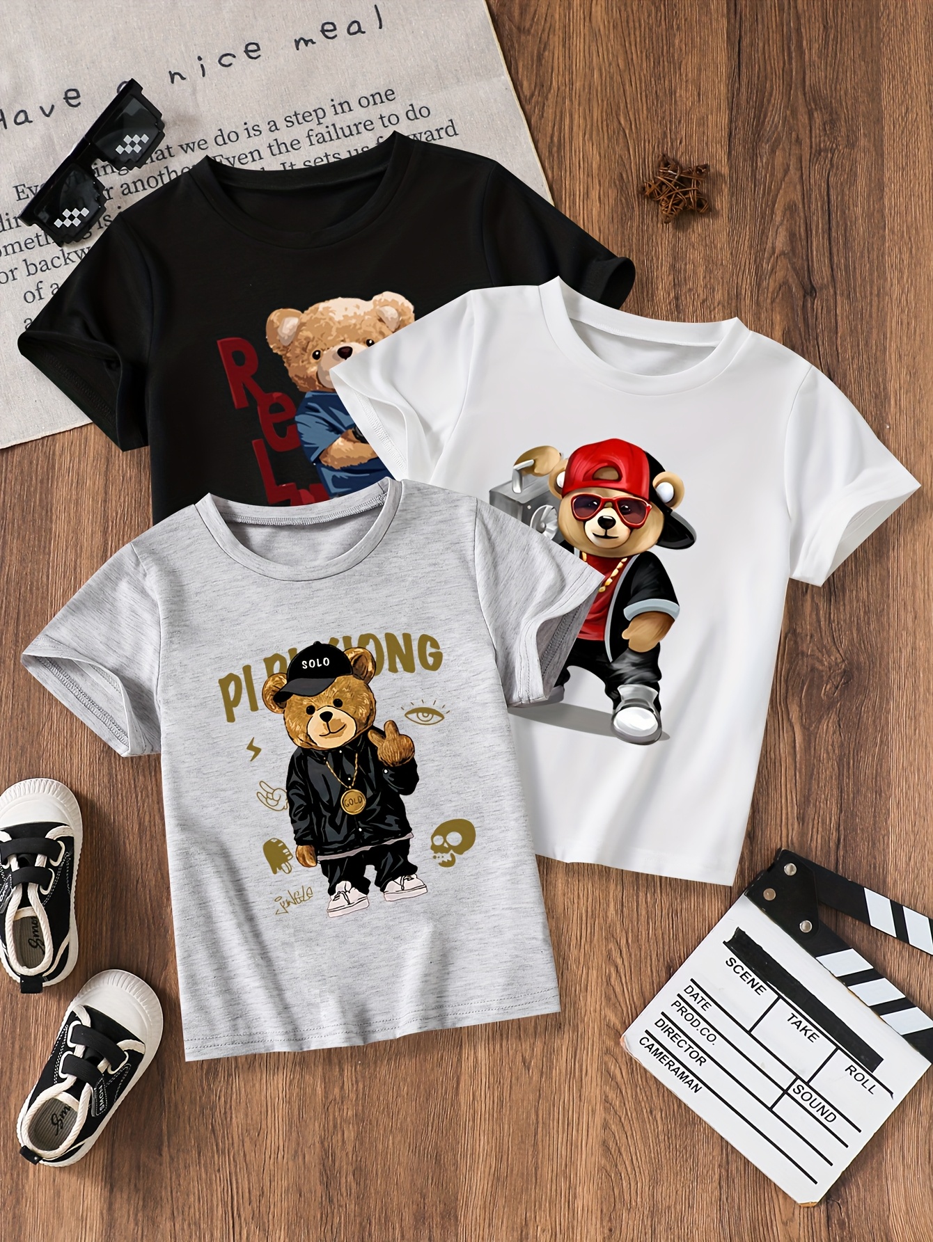 T-shirts Cute Cartoon Bear Patterned T-Shirt Trio Pack for Youngsters Comfortable Cotton Blend Garments