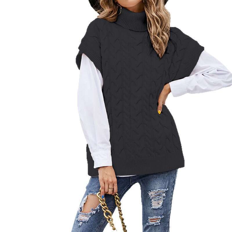 Autumn Winter Women's Sleeveless Button Rope Vest Knitted Loose Pullover High Neck Sweater B5