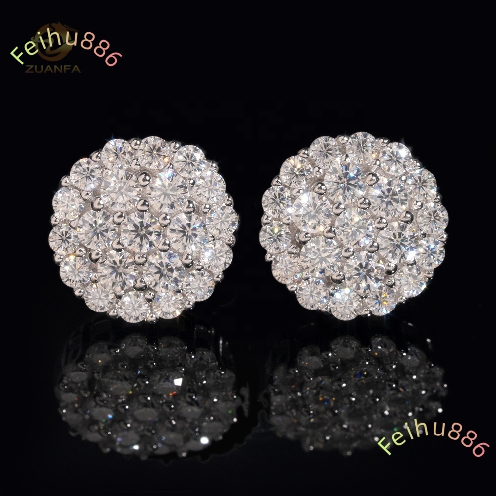 New Arrival Hip Hop Cluster Diamond Round Shape Screw Back 925 Silver Moissanite Sstud Earring