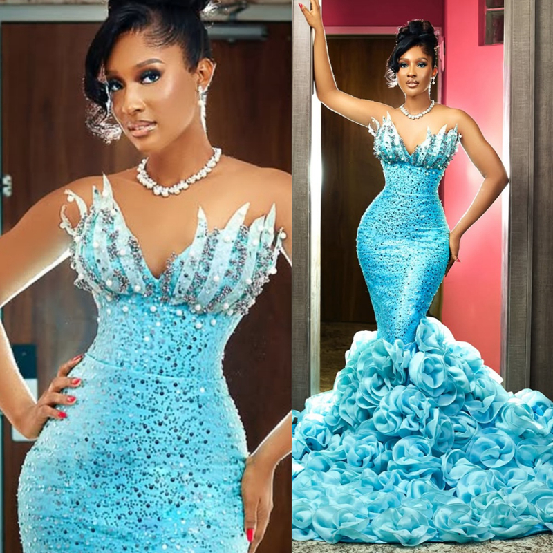 Sky Blue Prom Dress 2025 Evening Dresses Robe De Sorrie Sweetheart Tiered Organza Sequined Lace Pearls Beaded Birthday Dress Second Reception Gowns AM