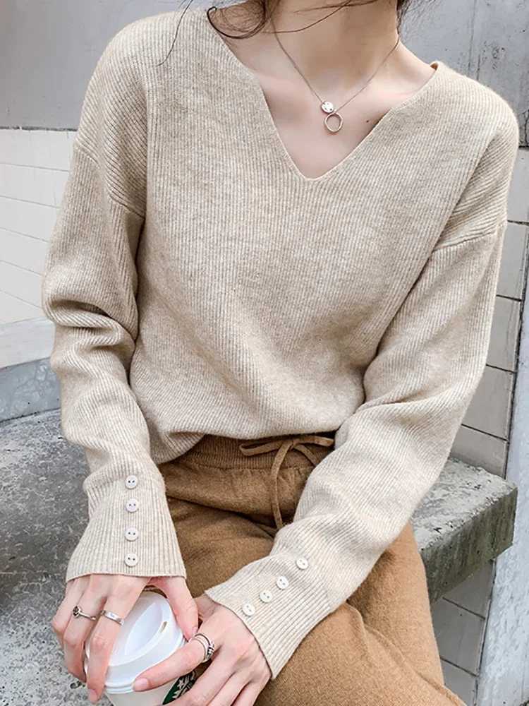 Zjaiss Autumn Winter V Neck Sweater Women Pullovers 2025 Loose Button Pullover Women Soft Sweater Jumper Fashion Tops XJ250819