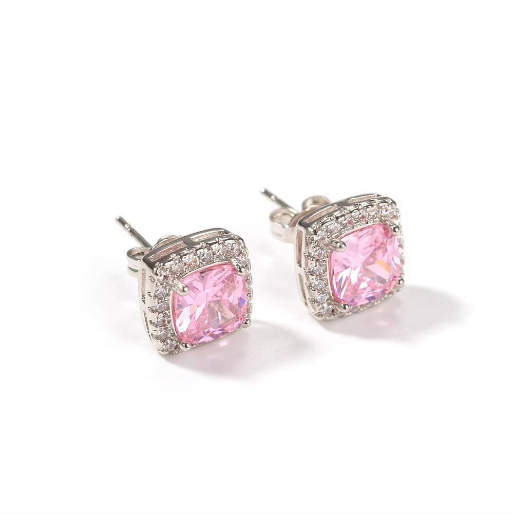 Hip Hop Jewelry Iced Out Moissanite Pink Stud Earrings Square Moissanite Women Bling Men Black Earrings