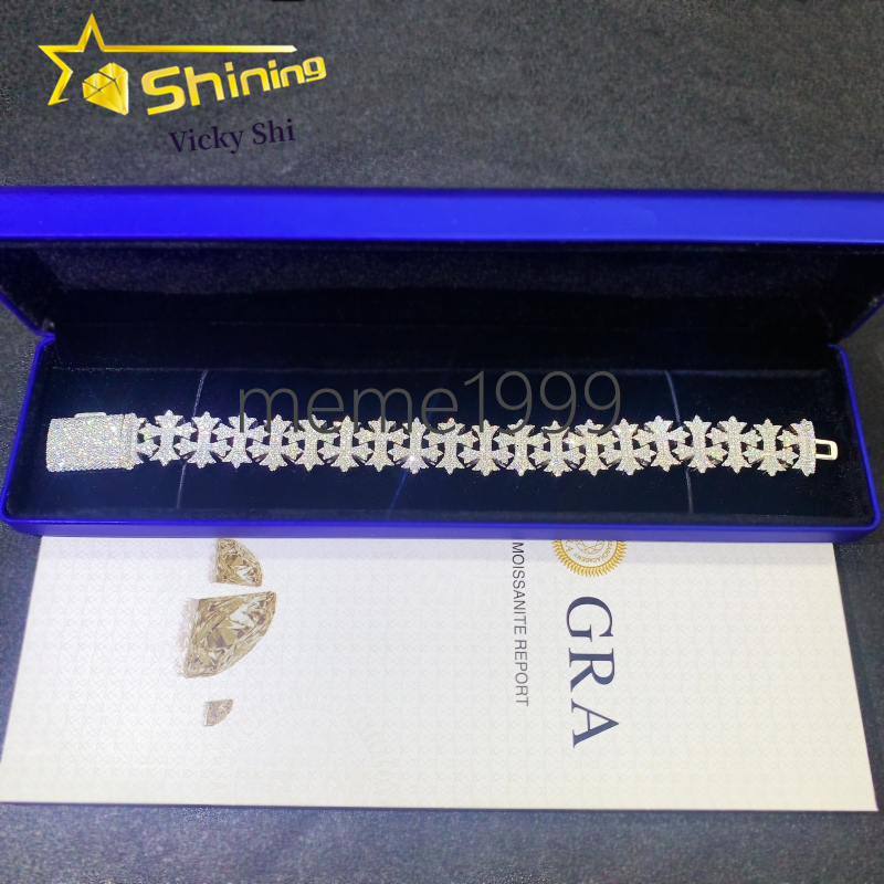 Rapper Fine Jewelry S925 Silver 18MM Cross Style Iced Out Missanite Cuban Bracelet Hip Hop Cuban Link Chain