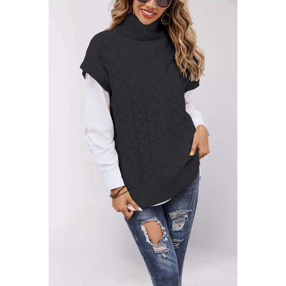 Autumn Winter Women's Sleeveless Button Rope Vest Knitted Loose Pullover High Neck Sweater B5
