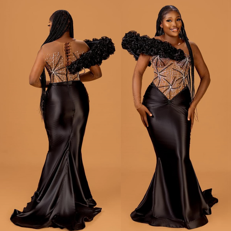 Plus Size Black Mermaid Prom Dress 2025 Evening Dresses Robe De Sorrie Sheer Neck Beaded Long Sleeves Crystals Flora Birthday Dress Second Reception G