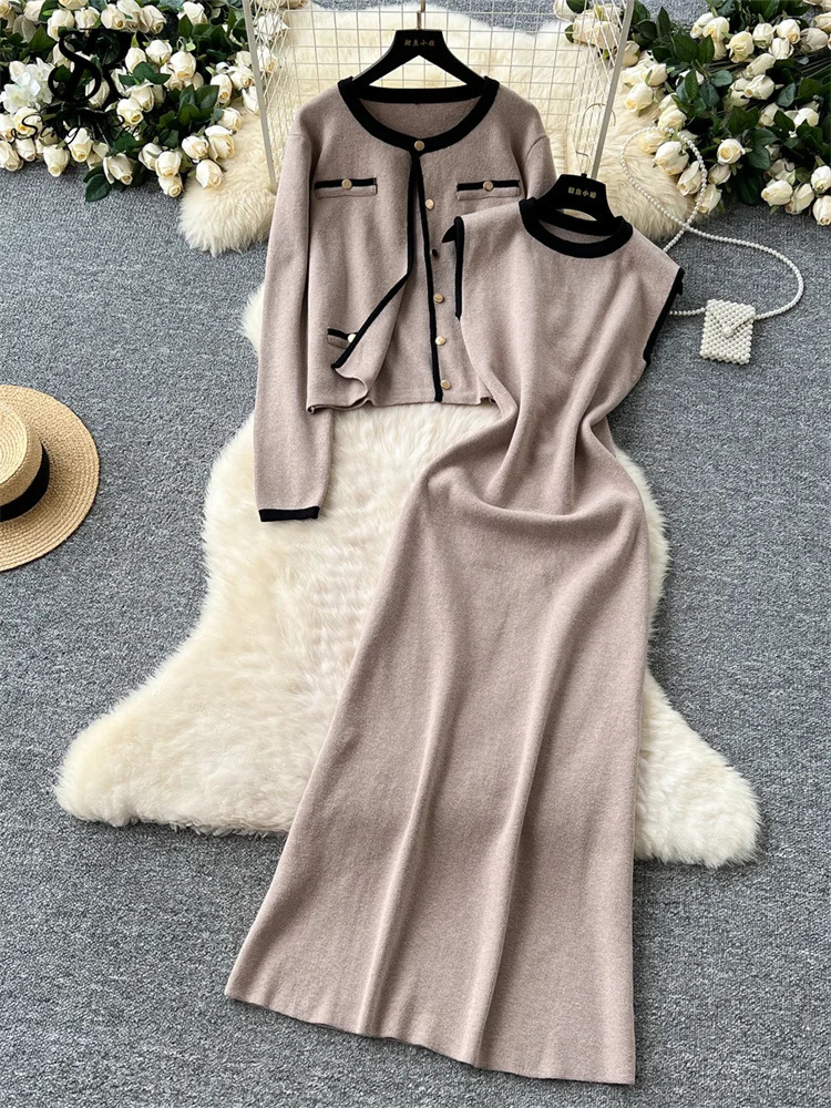 SINGREINY Ladies Elegant OL Knitted 2pcs Suits Basic Single Breasted CardiganSleeveless Slim Fit Dress Autumn Sweater Sets 250818