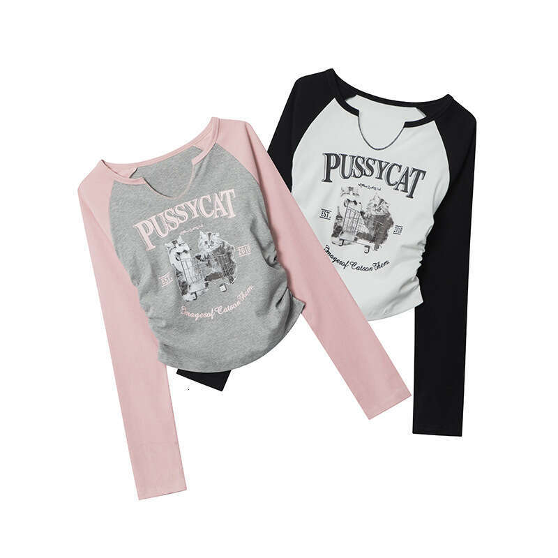 Color-Block Long Sleeve T-Shirt Women's Spring Ruched Design Hot Girl Slim Fit Short Top B3