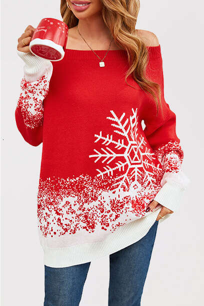 Autumn Winter Temu Women's Snowflake Christmas Color Block Off-Shoulder Sweater Plus Size B5