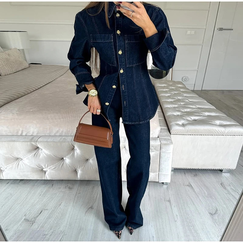 Denim Jacket Jeans 2 piece sets woman Long Sleeve Metal Buttons Sliming Pocket Top Straight Leg Pants Cow Outfits for Women 250819