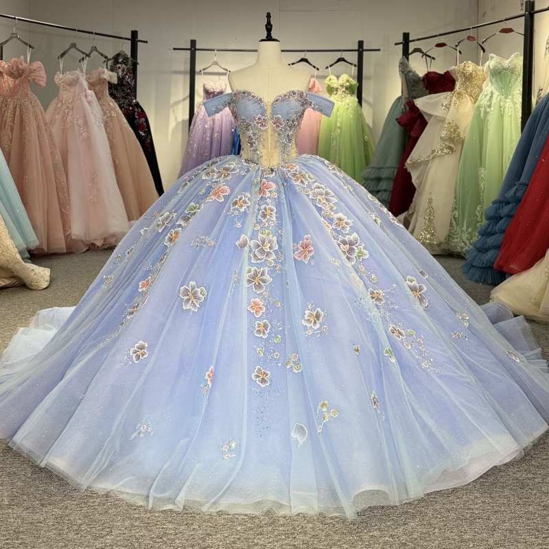 Sky Blue Shiny Princess Sweet 16 Dress Dress Quinceanera Dresses Applique Lace Beading Tull Party Birthday Vestidos 15 De Anos