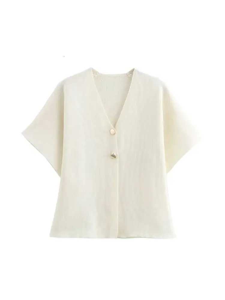 TRZA-Womens Front Gold Button Knit Cardigan Sweater V Neck Short Wide Sves Fe Outerwear Chic Tops Fashion XJ250819