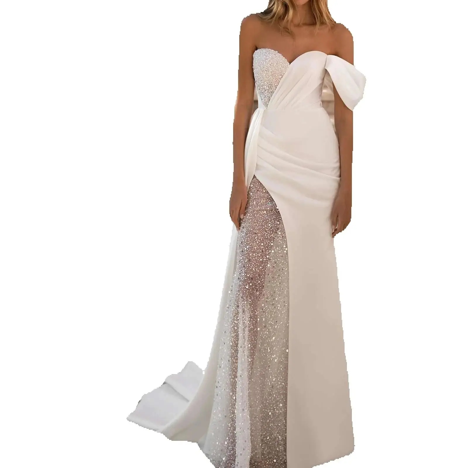 One Shoulder Mermaid Wedding Dress Glitter Sequined Lace Beach Customized Wedding Gowns Lace Up Back Vestido De Noiva