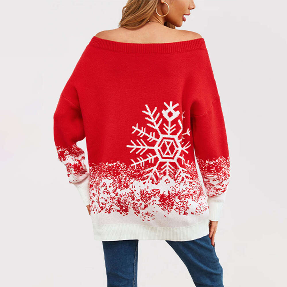 Autumn Winter Temu Women's Snowflake Christmas Color Block Off-Shoulder Sweater Plus Size B5