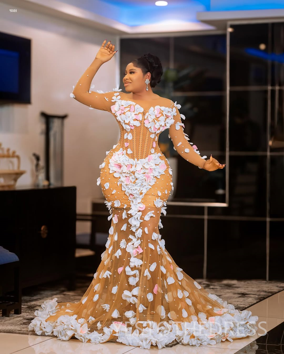 Plus Size Aso Ebi Mermaid Prom Dress 2025 Evening Dresses Robe De Sorrie Sheer Neck Illusion 3D Flowers Pearls Birthday Dress Second Reception Gowns A