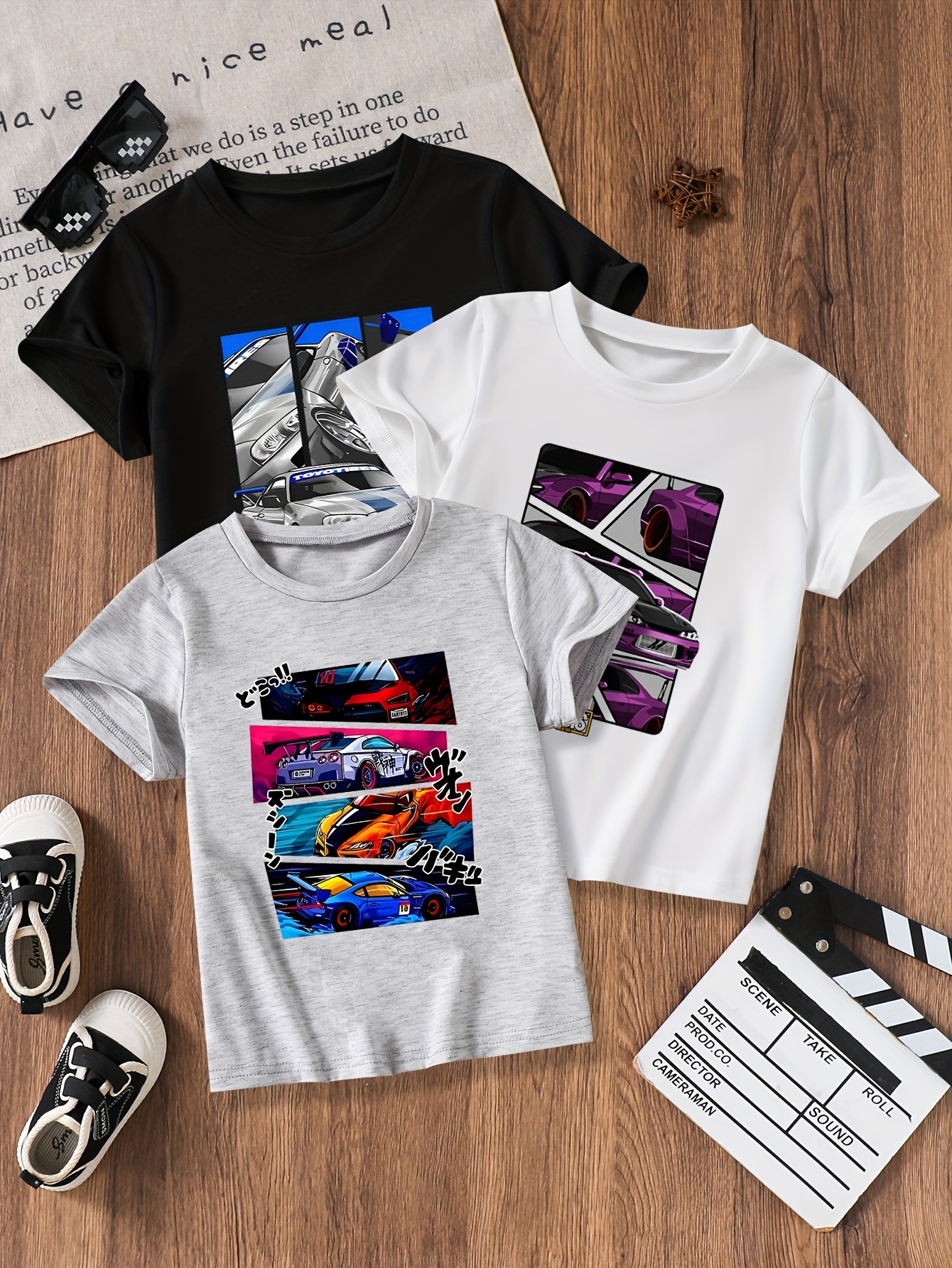T-shirts Breathable Boys' Car Patterned Shortsleeves - Pack of Three Quick Dry Tees