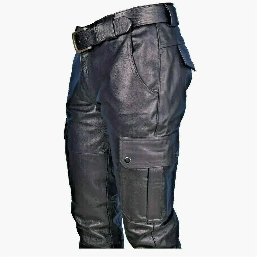 Mens Leather Motorcycle Pants with Cargo Pockets Black PU Pants No Belt Mens Trousers Big Size S-5XL W250819