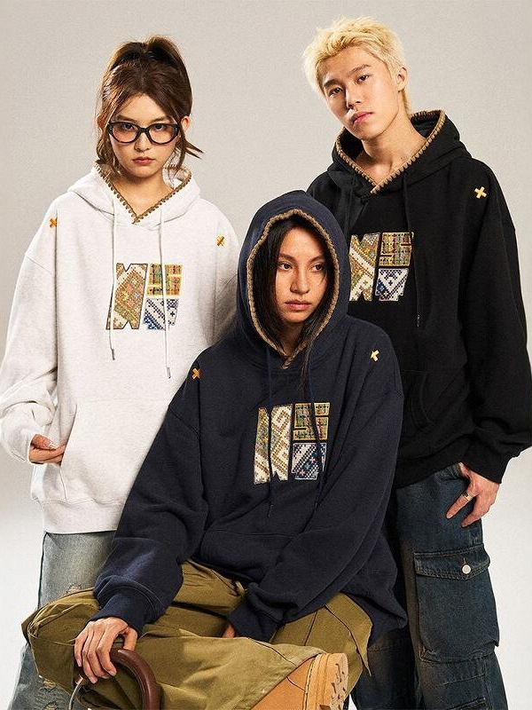 Bingdu ethnic style new American retro patch embroidered sweater men's and women's spring and autumn trendy brand couple hoodie