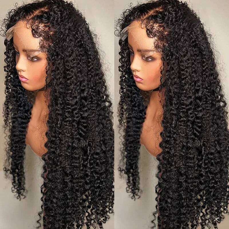 4C Edges Kinky Curly Frontal Wig Glueless Deep Wave 13X6 HD Transparent Lace Front Human Hair Wigs