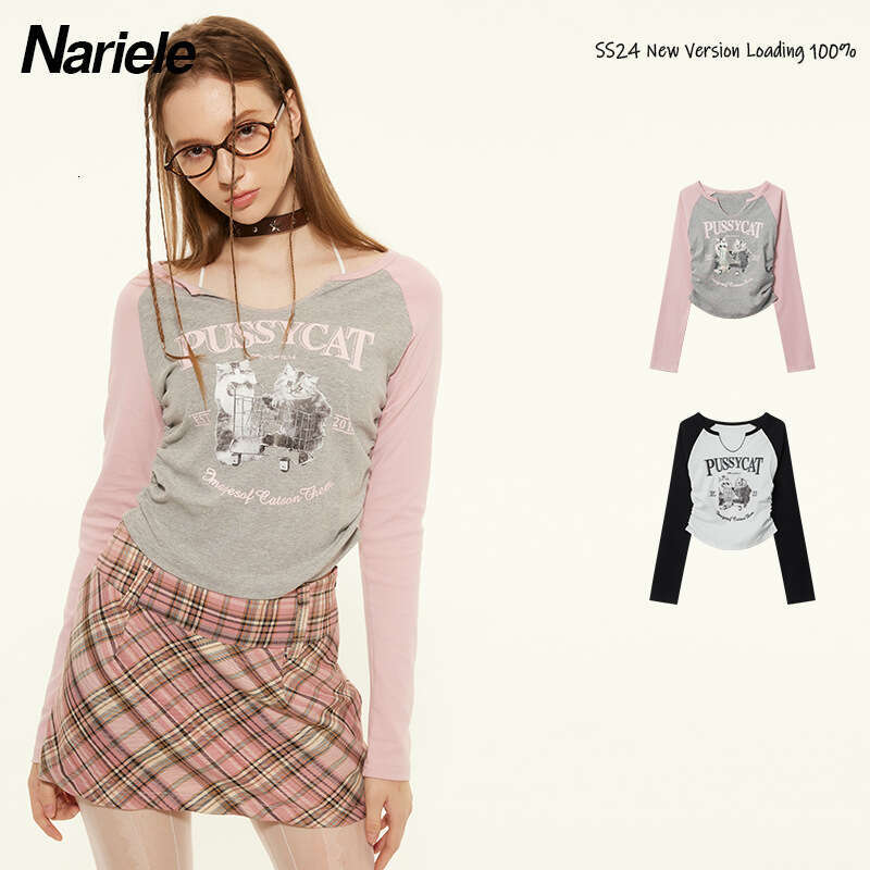 Color-Block Long Sleeve T-Shirt Women's Spring Ruched Design Hot Girl Slim Fit Short Top B3