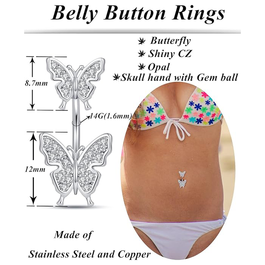 8PCS Short Bar Heart Butterfly Snake Skull CZ with Gem ball Stainless Steel Belly Button Rings Navel Rings for Women Barbell Eyebrow Body Piercing Jew