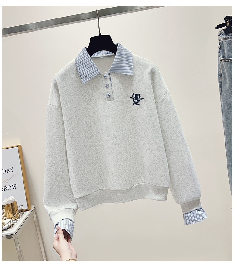 Autumn new style striped stitching polo collar fake two-piece art college style American lazy long-sleeved sweater women