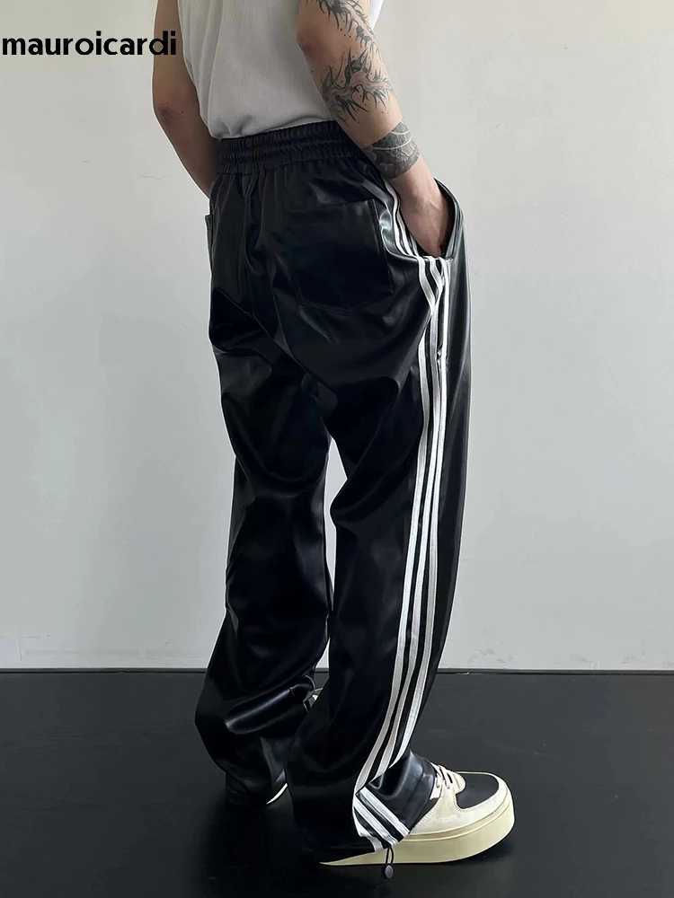 Mauroicardi Spring Autumn Cool Black Soft Stretchy Waterproof Pu Leather Pants for Men with Elastic Waist Loose Casual Clothes W250819