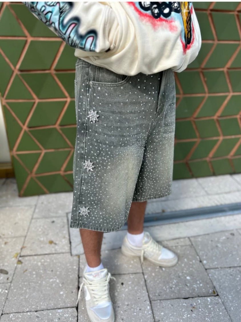 American retro pants from Europe and America hip-hop hot diamond denim shorts men's pants