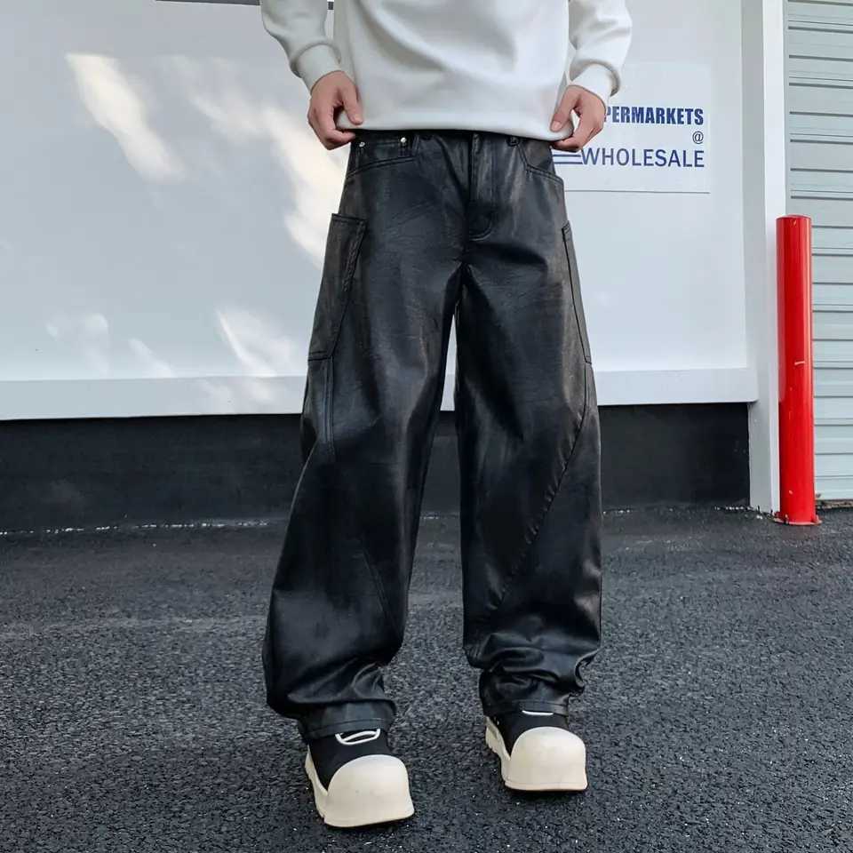 Latest Design Black Cargo Leather Pants Men Wide Leg Loose Fit Trousers Soft Side Pockets Street Pants W250819