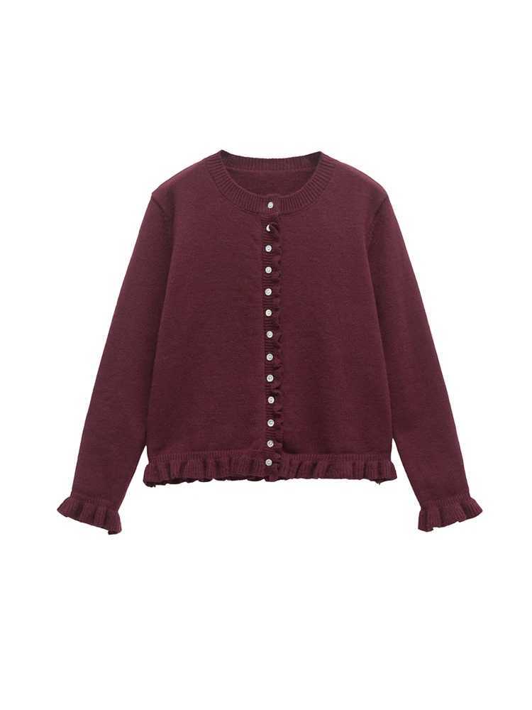 TRZA Womens Ruffled Knit Cardigan Sweater O-Neck Long Sleeve Button-Up Chic Outerwear Fashion Top XJ250819