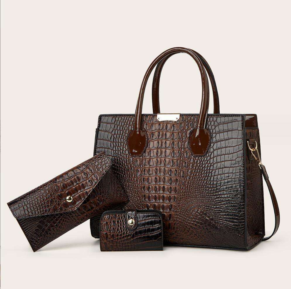 Women's fashion versatile crocodile texture gradient three piece set large capacity one shoulder cross body handheld tote bag