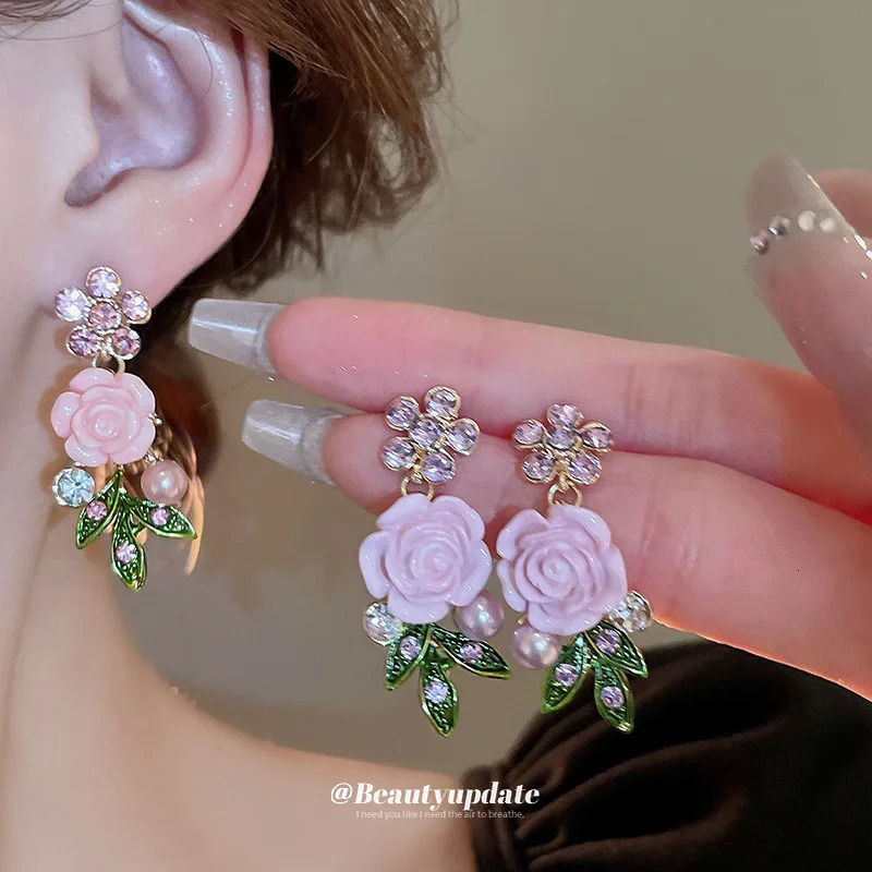 Romantic Rose Flower Necklace Bracelet Stud Earrings Jewelry Set Womens Fashion Pink Purple Choker Necklace for Party Wedding 250818