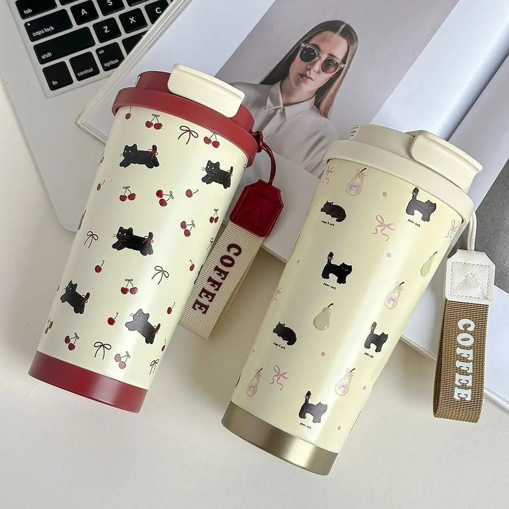 Cute Cherry Cat Tumbler 500ml Kawaii Water Bottle Stainless Steel Thermal Cup With Straw Portable Coffee Thermos For Tea Gift 250818 W260226