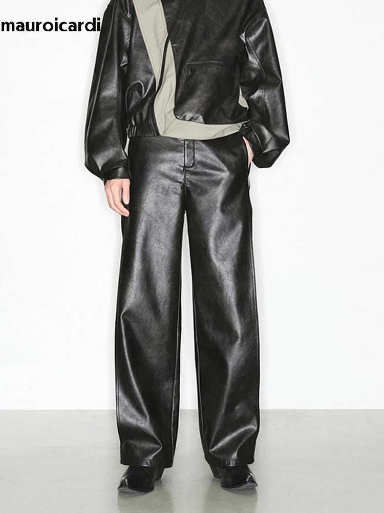 Mauroicardi Spring Autumn Long Loose Casual Cool Black Pu Leather Straight Pants For Men Luxury Designer Clothes Trouser 2023 W250819