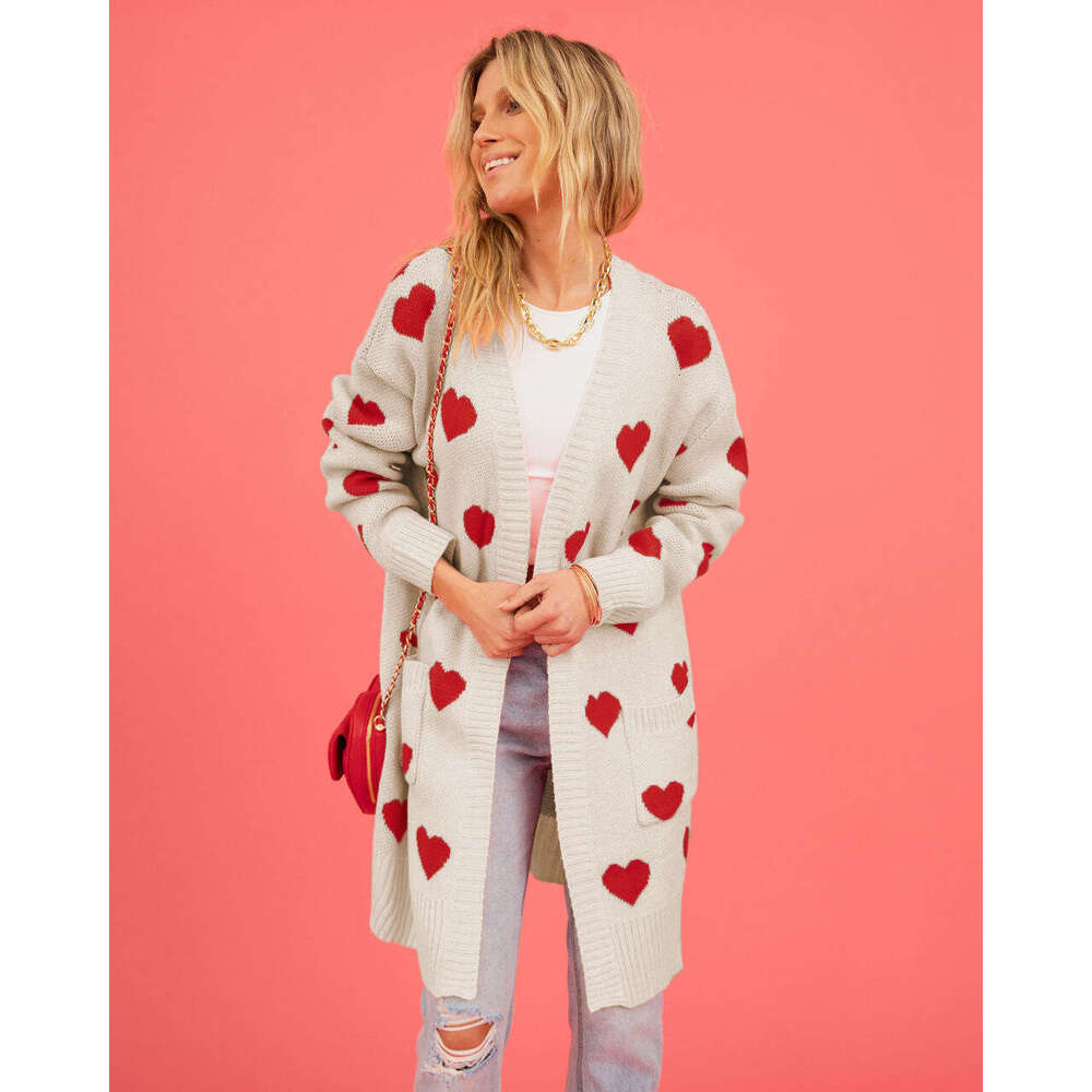 Women's New Valentine's Day Heart Pocket V-Neck Mid-Length Knitted Cardigan Jacket B5