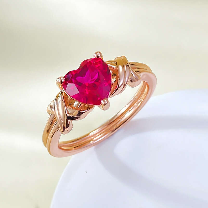 Mujing Jewelry New Silver High Carbon Diamond Ring 7*7 Heart-Shaped Red Corundum Simple Ins Style Best-Selling Model