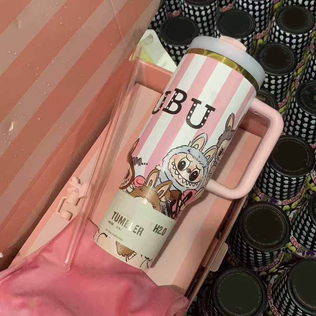New Labubu 40OZ Stainless Steel Drum Type with Tibial Drive Insulated Cup with Straw and Lid Large Capacity Car Cup X2506056