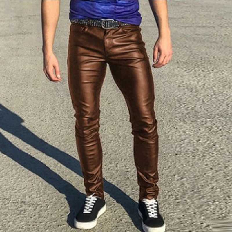 Fashion Mens Slim Fit Leather Pants Solid Color Mid Waist Tight Stretch PU Trousers 2023 Spring Autumn Streetwear Vintage Pants W250819